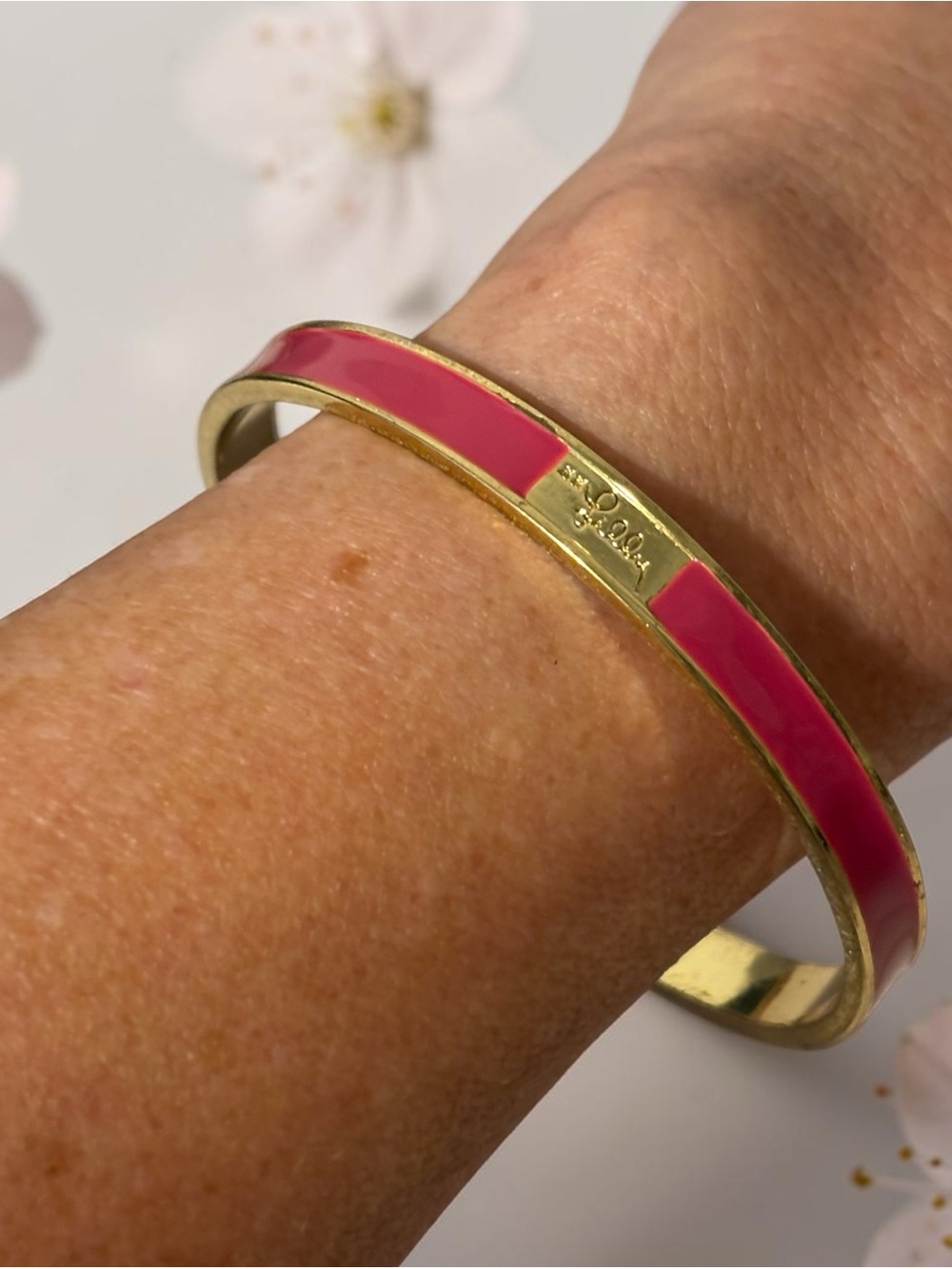 Lilly Pulitzer Gold-Tone Pink Enamel Bangle Bracelet 7.5”